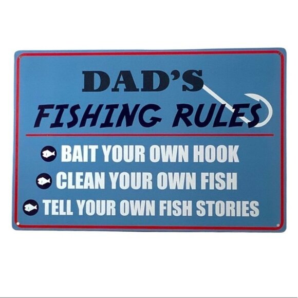 Metal Sign Dad’s Fishing Rules Wall Plaque Retro Vintage Style Coastal Nnautical - Picture 2 of 14